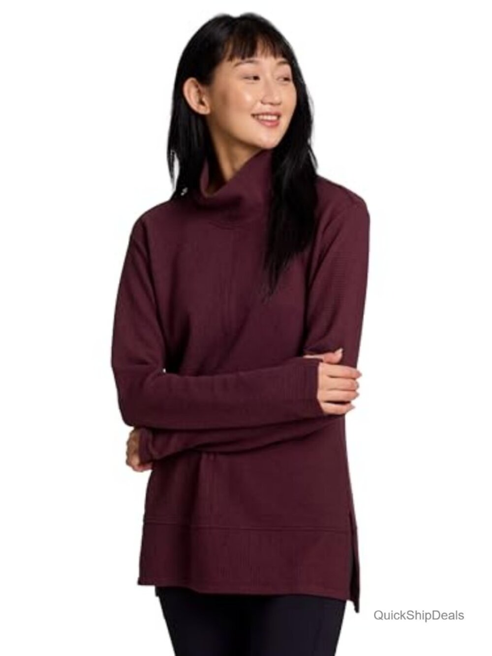 Quilted Cowl Neck Pullover Sweater Lightweight Mock Neck Tunic with Thumbholes